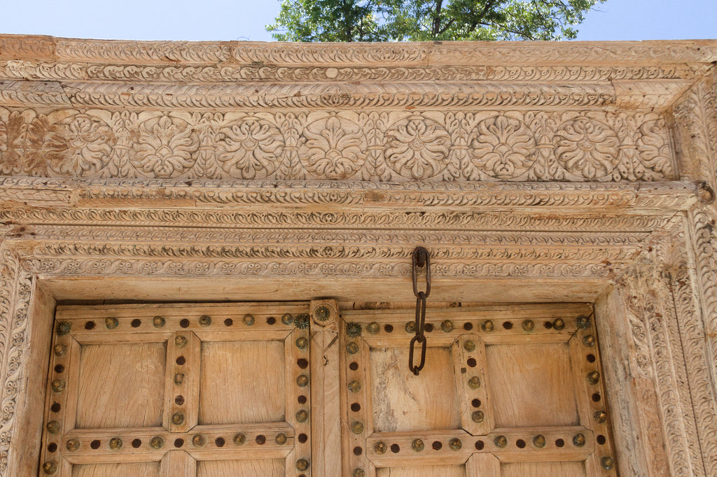 Sunbleached Teak Rajasthani Fort Door w/ Brass Studs