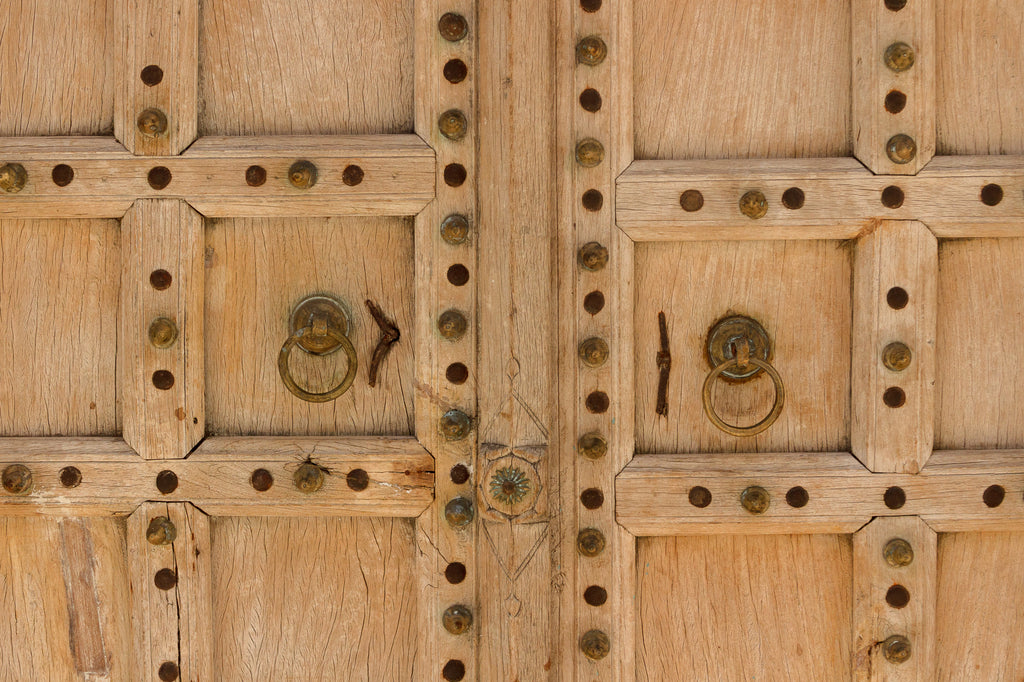 Sunbleached Teak Rajasthani Fort Door w/ Brass Studs