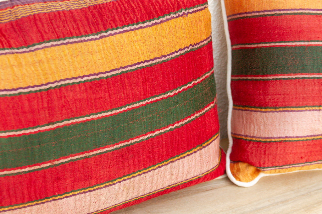 Pair of Bhuj Striped Mashru Lumbar Pillows (Trade)