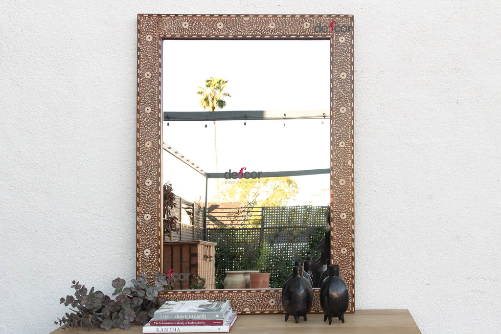 Grand Artisanal Floral Inlay Walnut Finish Mirror