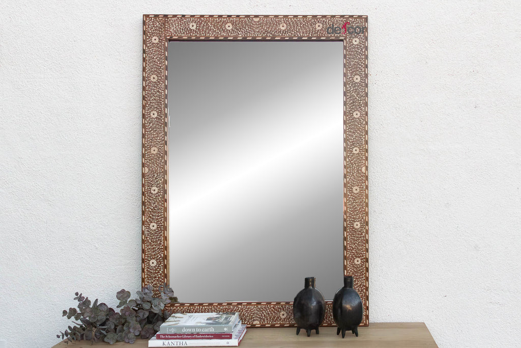 Grand Artisanal Floral Inlay Walnut Finish Mirror