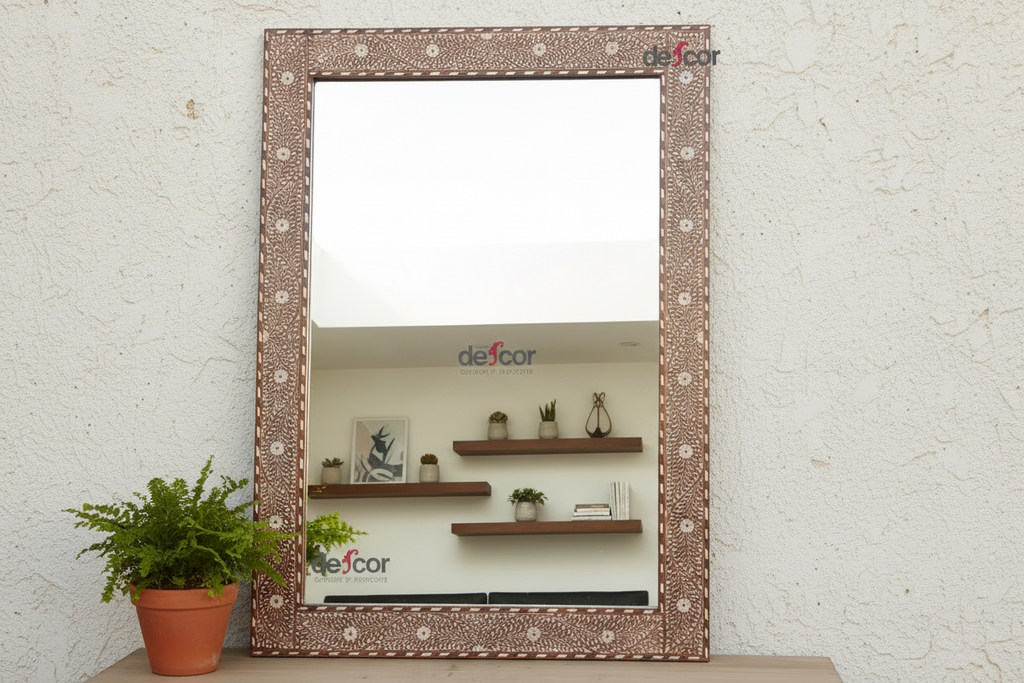 Grand Artisanal Floral Inlay Walnut Finish Mirror