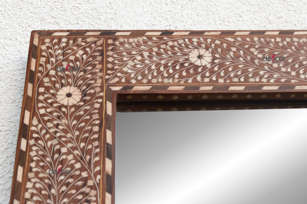 Grand Artisanal Floral Inlay Walnut Finish Mirror