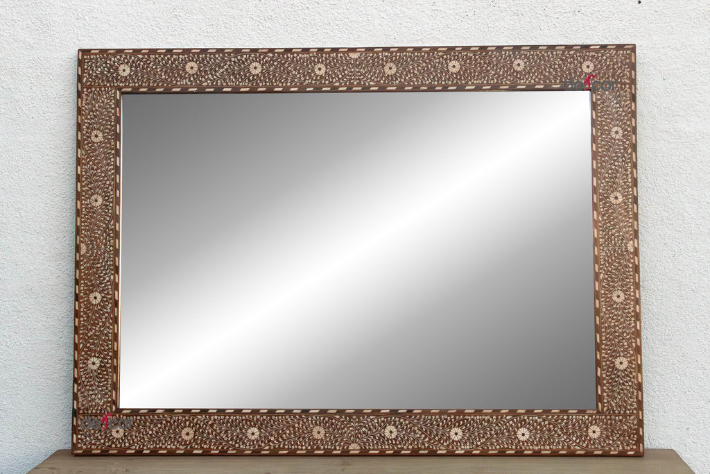 Grand Artisanal Floral Inlay Walnut Finish Mirror
