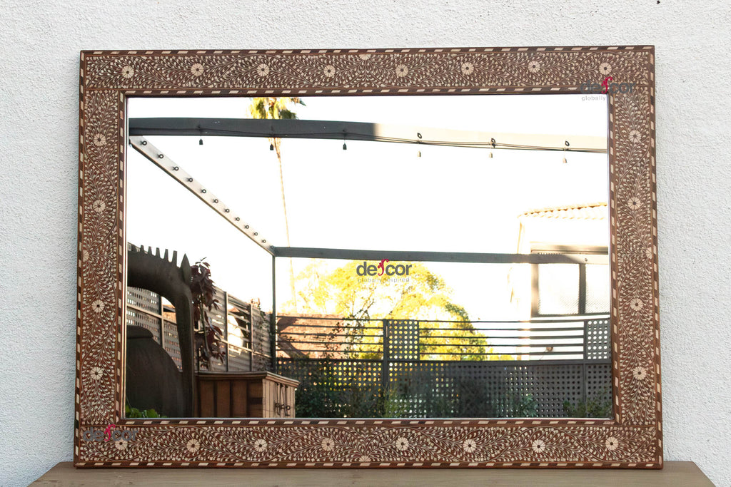Grand Artisanal Floral Inlay Walnut Finish Mirror