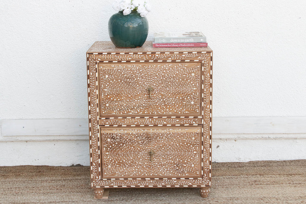 2-Drawer Floral Vine Inlay Bedside Chest