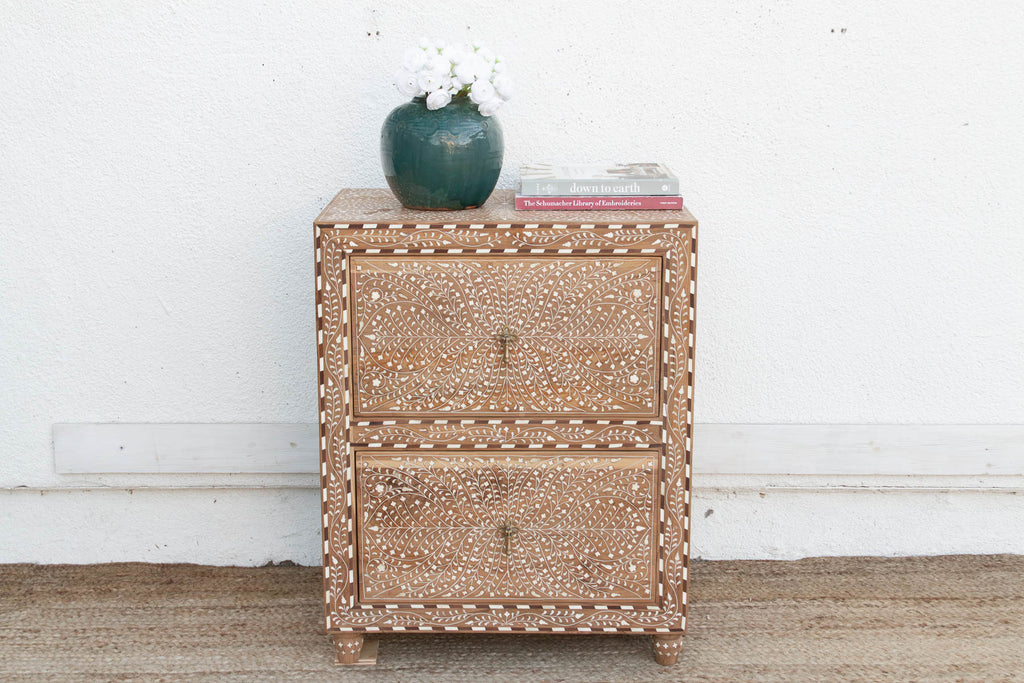 2-Drawer Floral Vine Inlay Bedside Chest