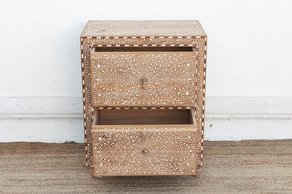 2-Drawer Floral Vine Inlay Bedside Chest