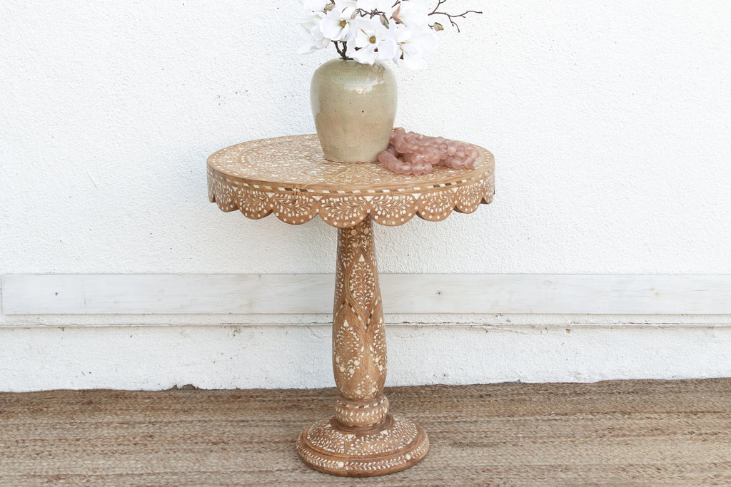 Intricate Floral Design Inlay Pedestal End Table