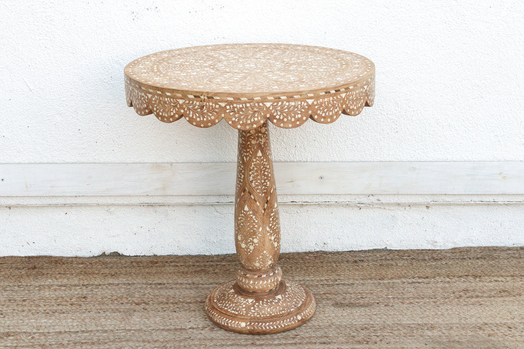 Intricate Floral Design Inlay Pedestal End Table