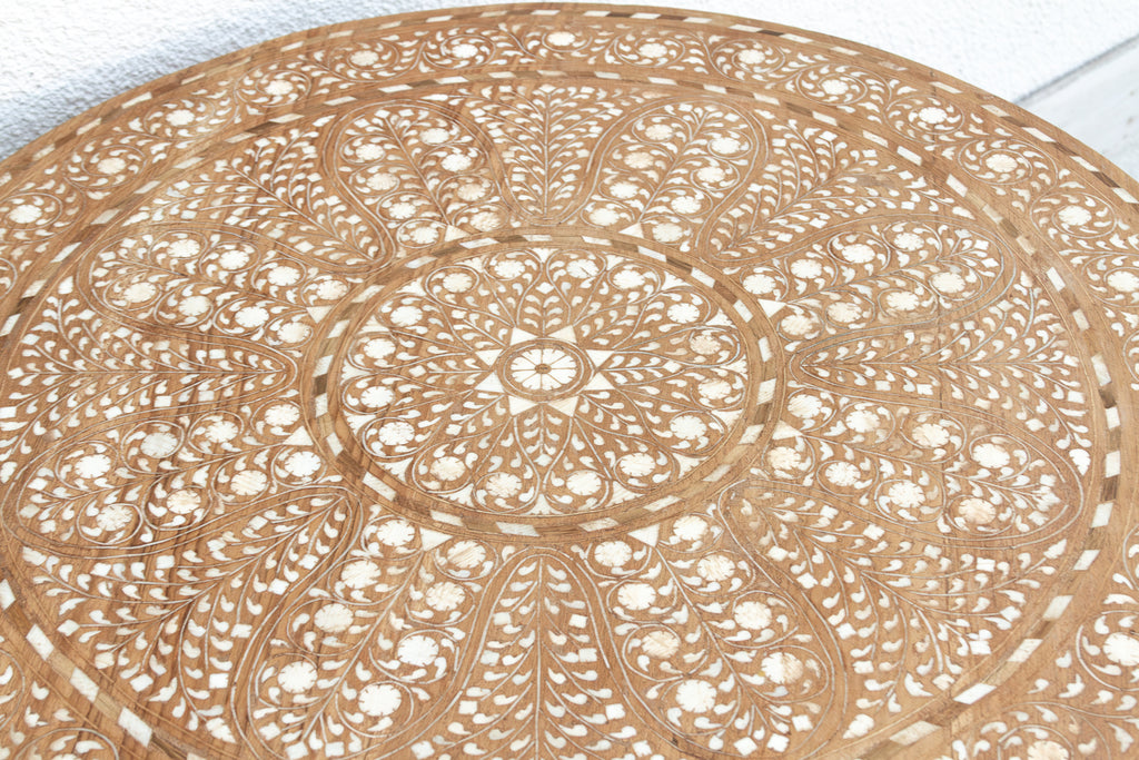 Intricate Floral Design Inlay Pedestal End Table