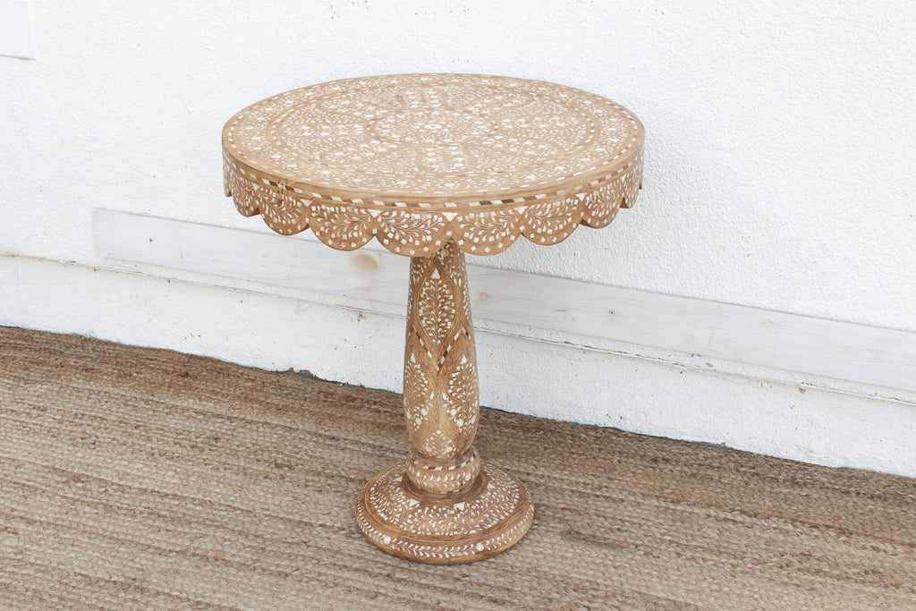 Intricate Floral Design Inlay Pedestal End Table