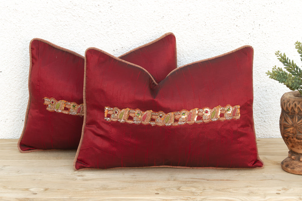 Rasa Red Pair of Zardozi Pillows