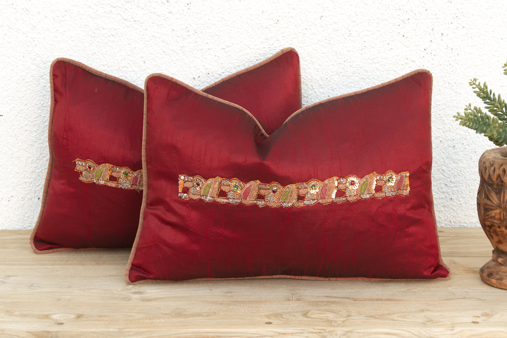 Rasa Red Pair of Zardozi Pillows