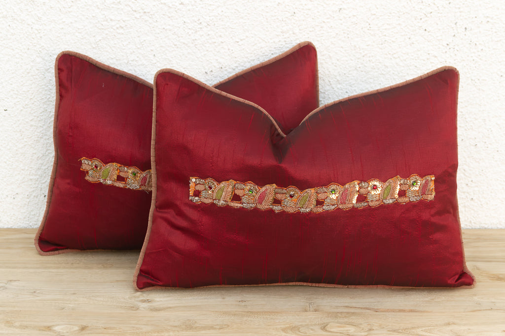 Rasa Red Pair of Zardozi Pillows