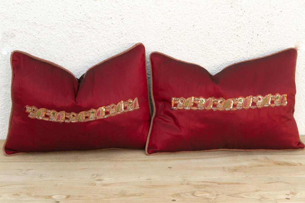 Rasa Red Pair of Zardozi Pillows