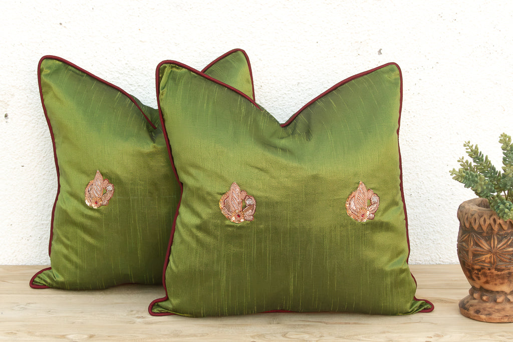 Pair of Morya Green Zardozi Pillows (Trade)