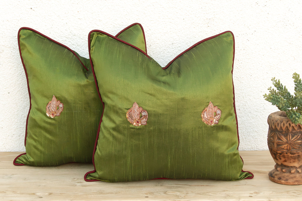 Pair of Morya Green Zardozi Pillows (Trade)