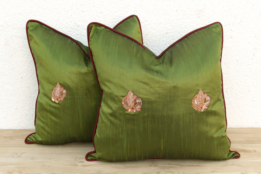 Pair of Morya Green Zardozi Pillows (Trade)