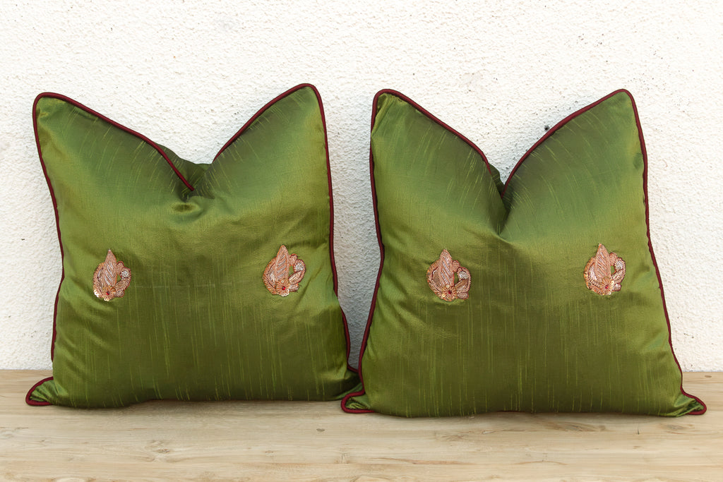 Pair of Morya Green Zardozi Pillows (Trade)