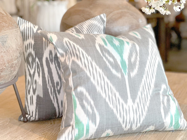 Pair of Gray Ikat Silk Pillows