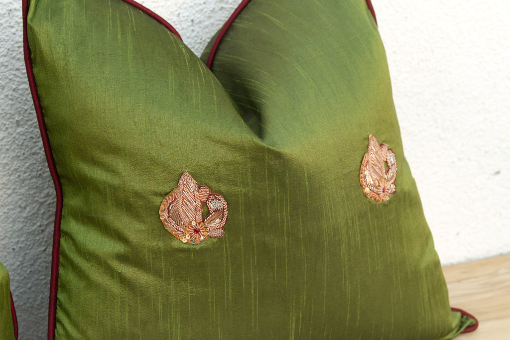 Pair of Morya Green Zardozi Pillows (Trade)