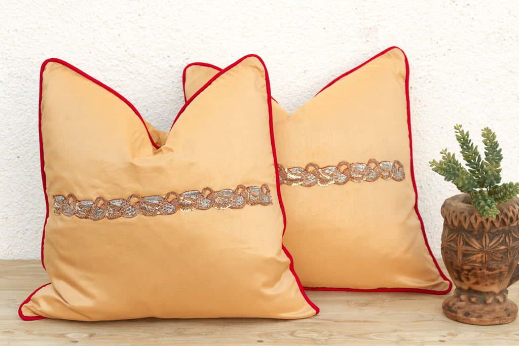 Pair of Gold Zardozi-Embroidered Silk Pillow Covers, Embroidered Band