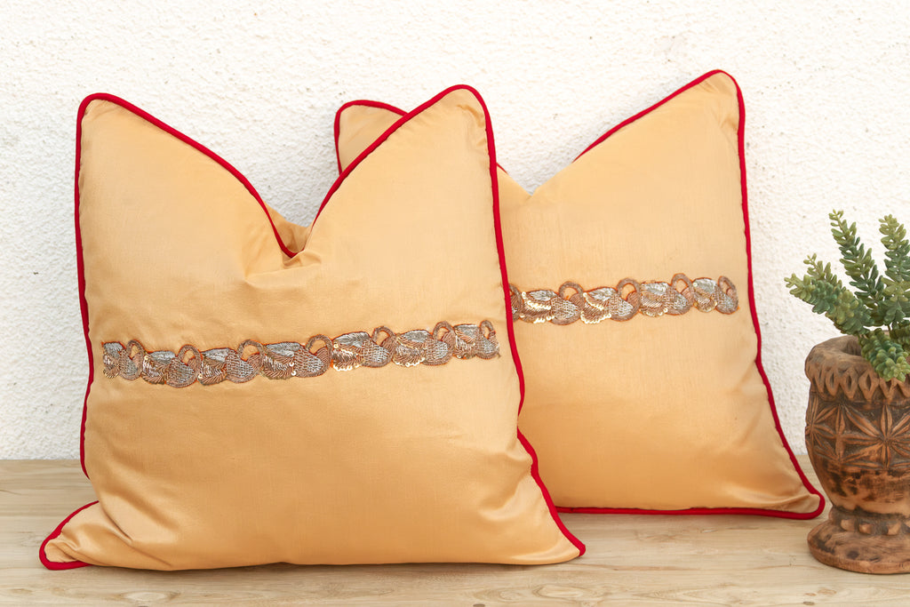 Pair of Gold Zardozi-Embroidered Silk Pillow Covers, Embroidered Band
