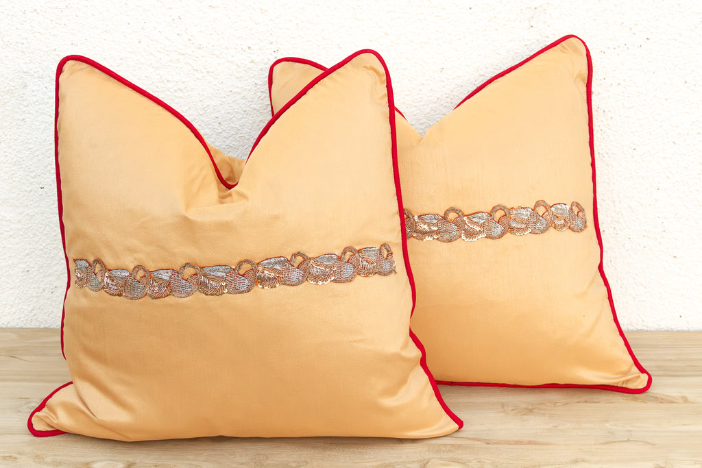 Pair of Gold Zardozi-Embroidered Silk Pillow Covers, Embroidered Band