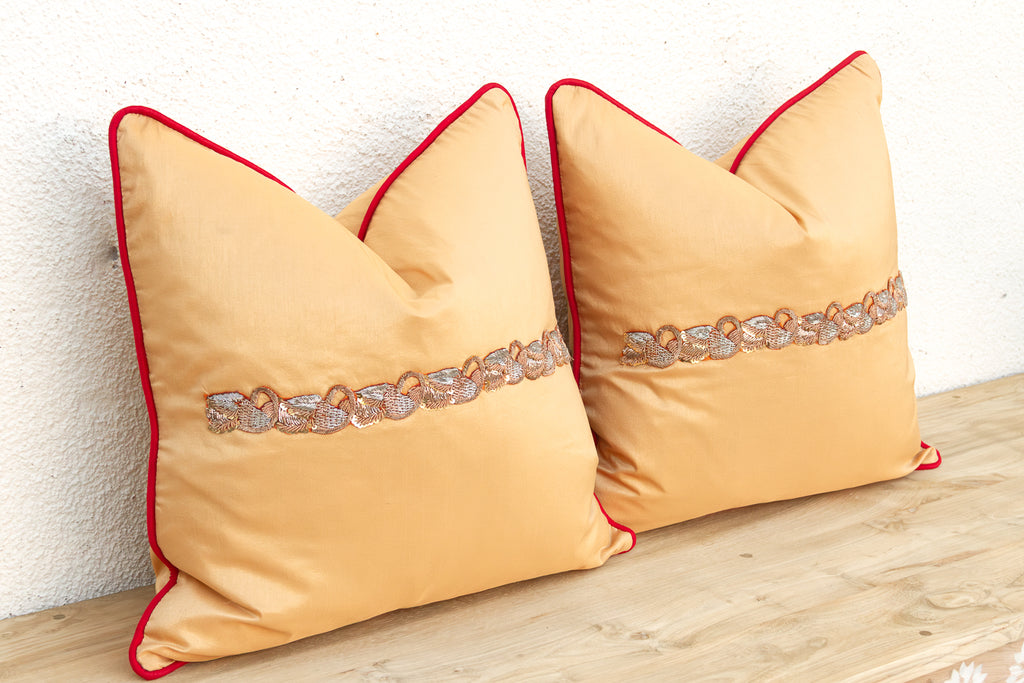 Pair of Gold Zardozi-Embroidered Silk Pillow Covers, Embroidered Band