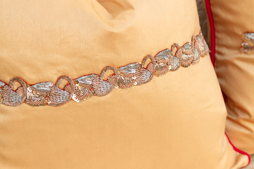 Pair of Gold Zardozi-Embroidered Silk Pillow Covers, Embroidered Band