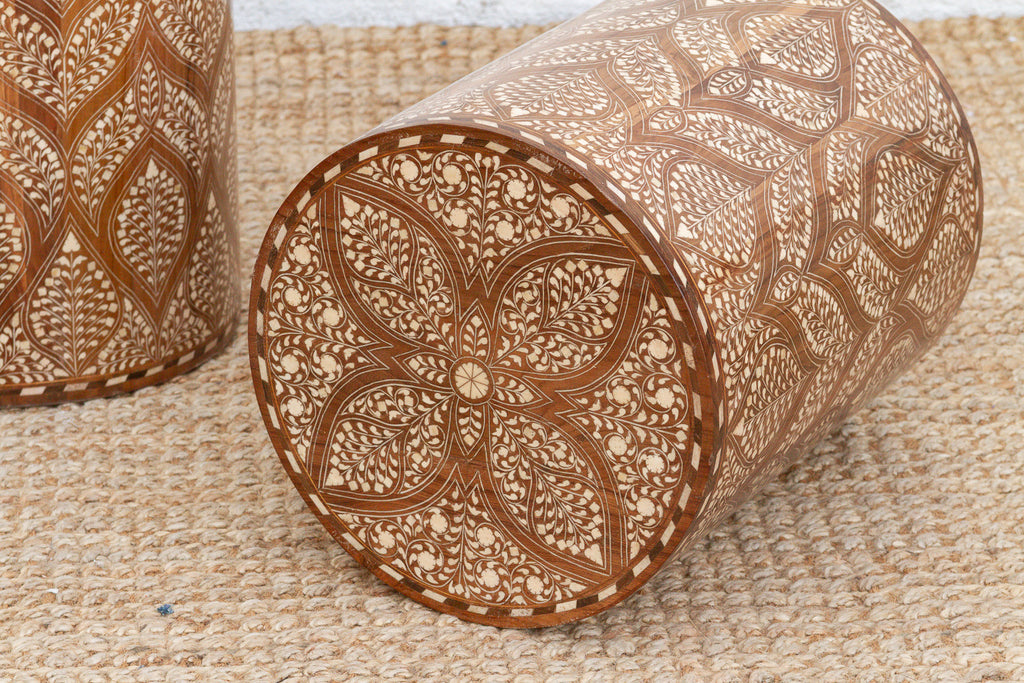 Pair of Royal Artisan Inlay Drum End Table