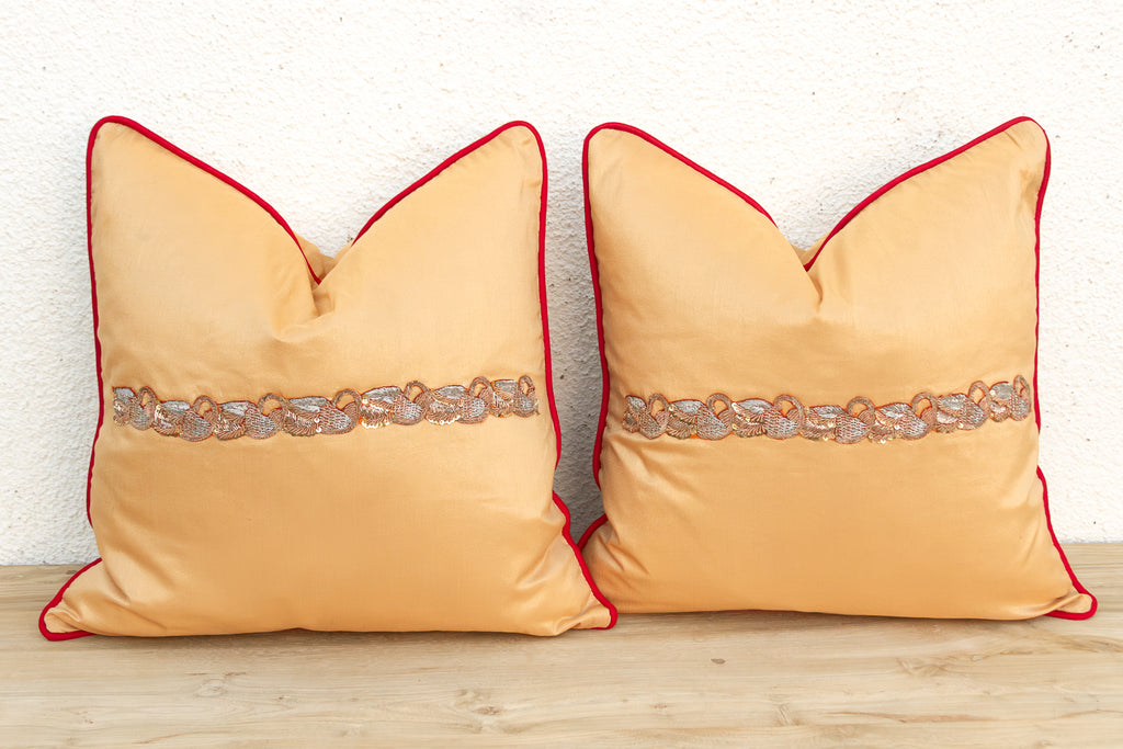 Pair of Gold Zardozi-Embroidered Silk Pillow Covers, Embroidered Band