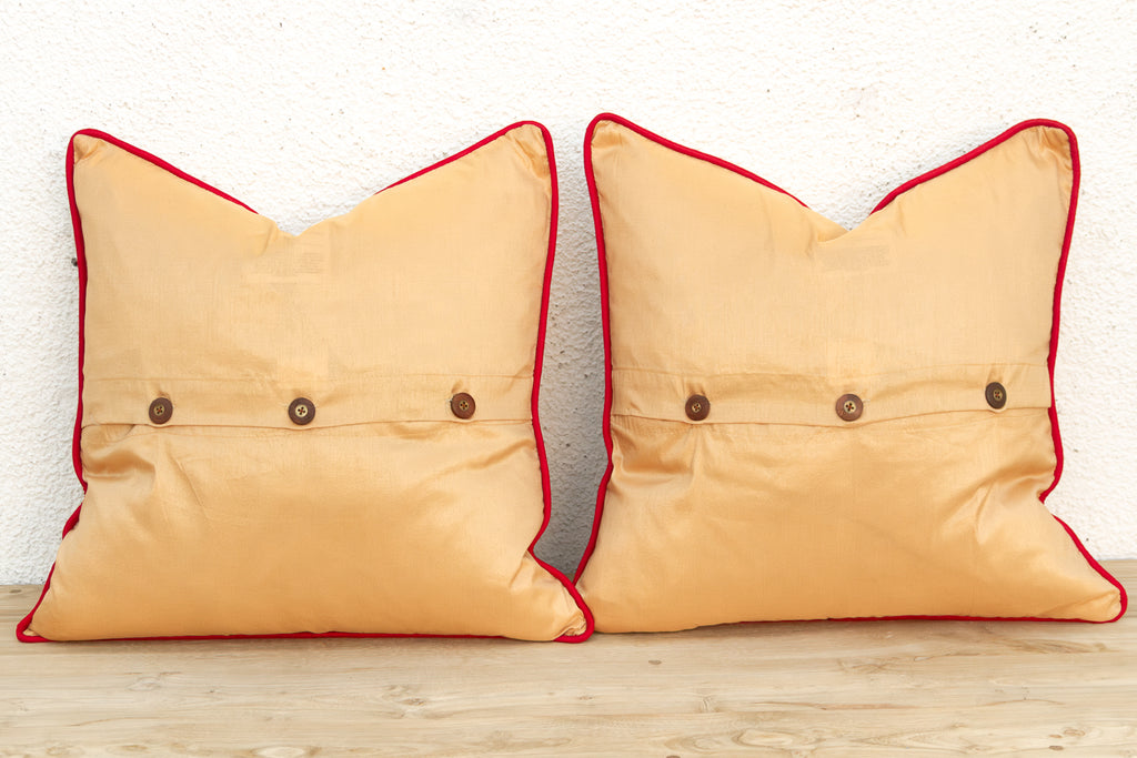 Pair of Gold Zardozi-Embroidered Silk Pillow Covers, Embroidered Band