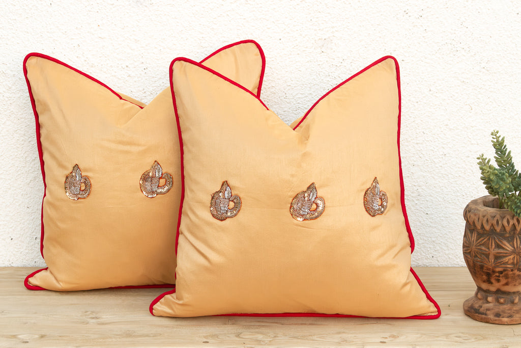 Pair of Naksh Zardozi-Embroidered Silk Pillow Covers (Trade)