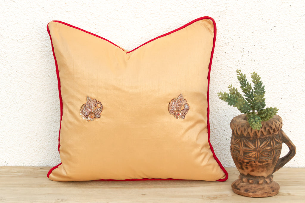 Shahi Saffron Gold Zardozi Silk Pillow, Peacock Motif (Trade)