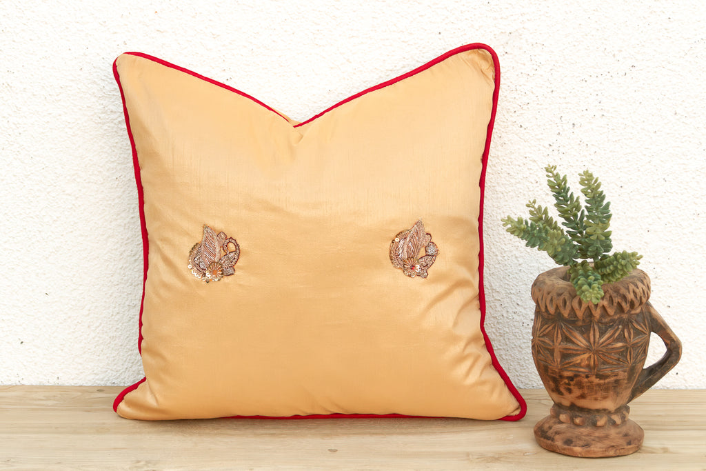Shahi Saffron Gold Zardozi Silk Pillow, Peacock Motif (Trade)
