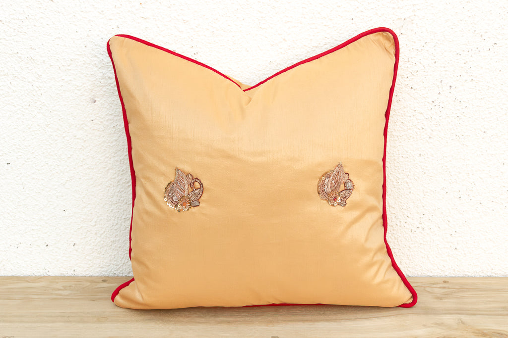 Shahi Saffron Gold Zardozi Silk Pillow, Peacock Motif (Trade)
