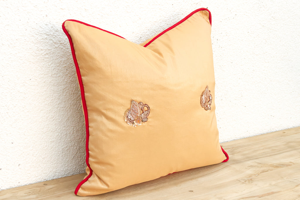 Shahi Saffron Gold Zardozi Silk Pillow, Peacock Motif (Trade)