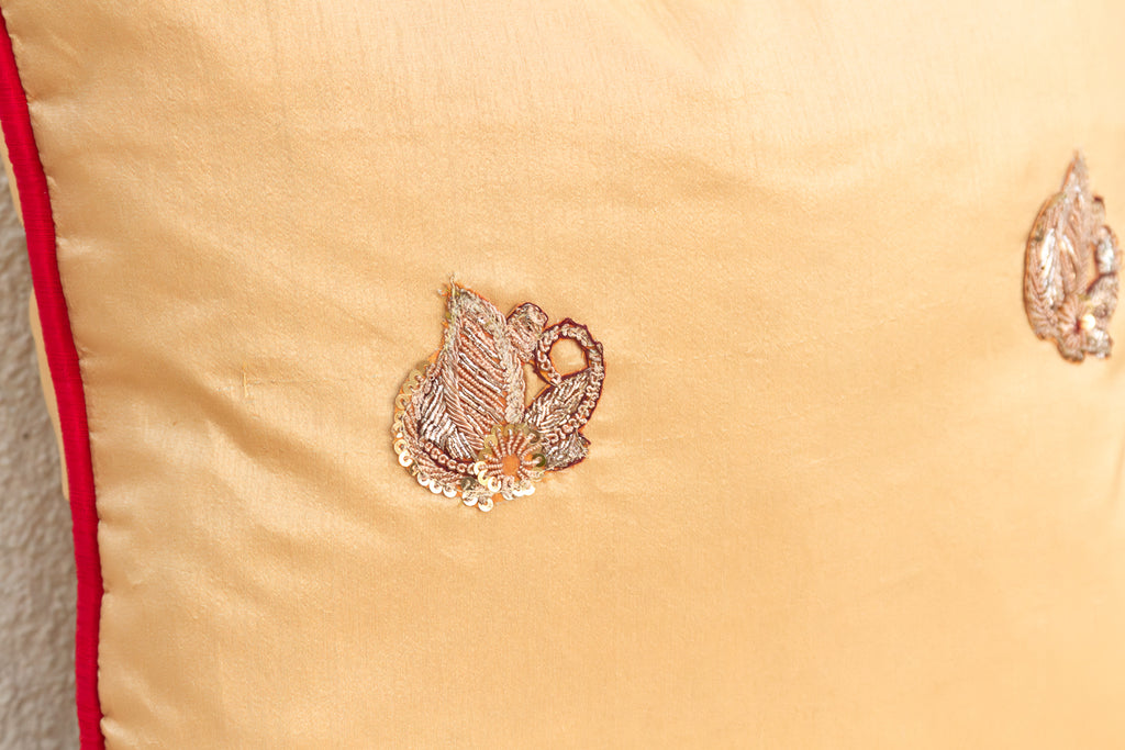 Shahi Saffron Gold Zardozi Silk Pillow, Peacock Motif (Trade)
