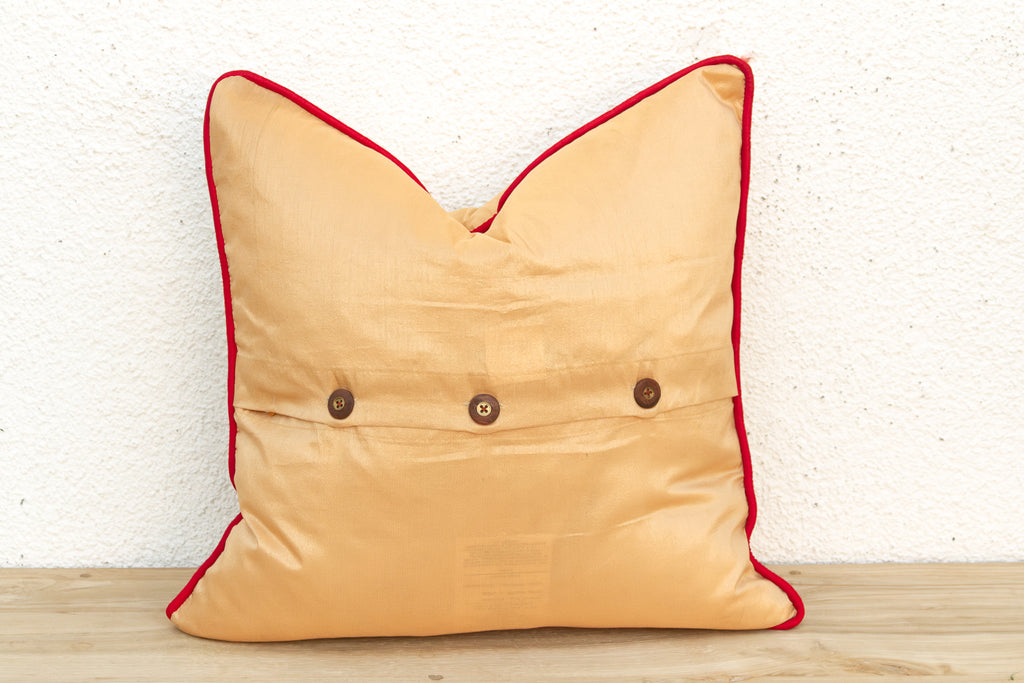 Shahi Saffron Gold Zardozi Silk Pillow, Peacock Motif (Trade)