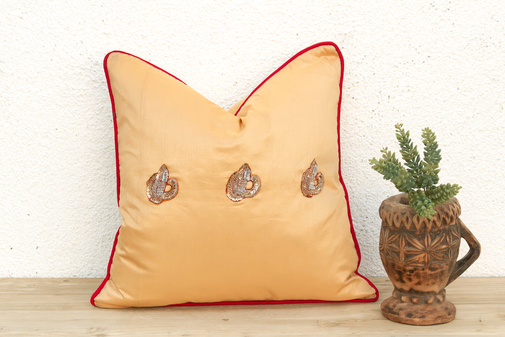 Naz Silk Blend Gold Zardozi Silk Pillow, Peacock Motif