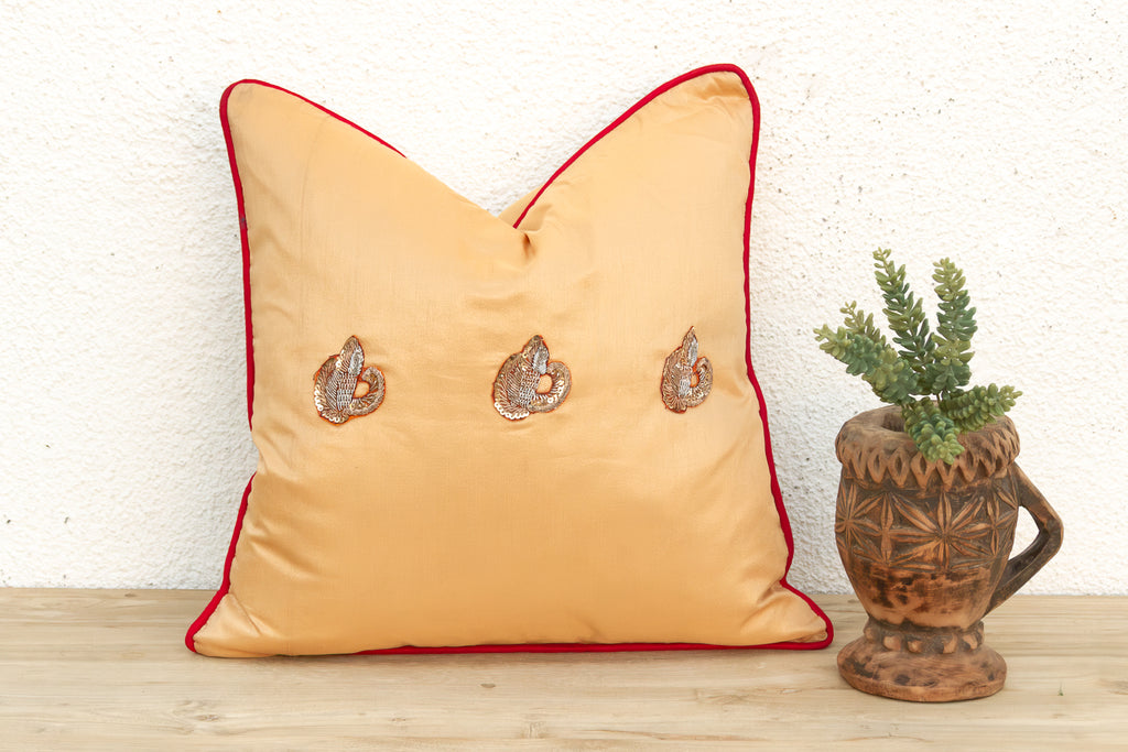 Naz Silk Blend Gold Zardozi Silk Pillow, Peacock Motif