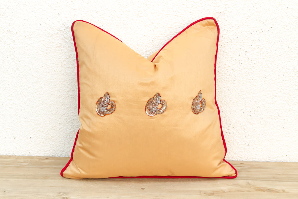Naz Silk Blend Gold Zardozi Silk Pillow, Peacock Motif