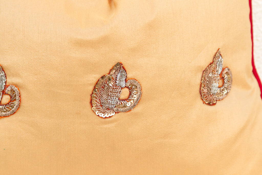 Naz Silk Blend Gold Zardozi Silk Pillow, Peacock Motif