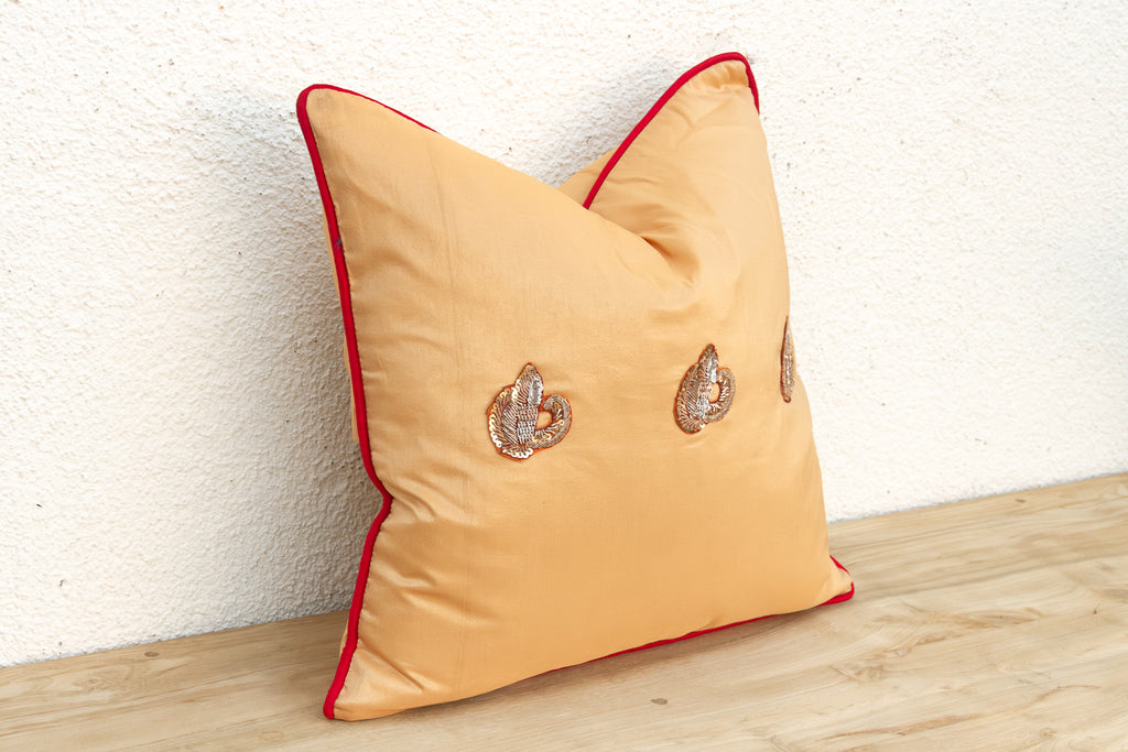 Naz Silk Blend Gold Zardozi Silk Pillow, Peacock Motif