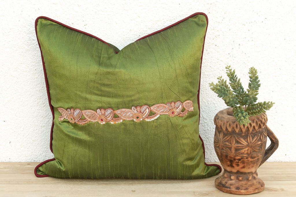 Green Zardozi-Embroidered Silk Pillow Cover, Embroidered Band