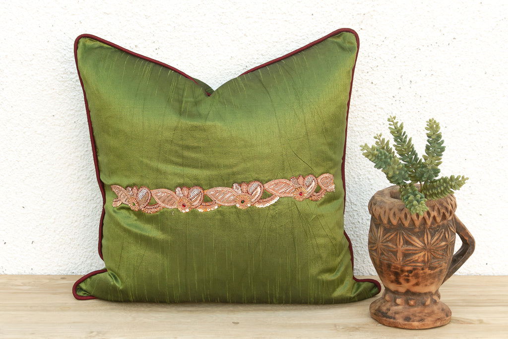 Green Zardozi-Embroidered Silk Pillow Cover, Embroidered Band