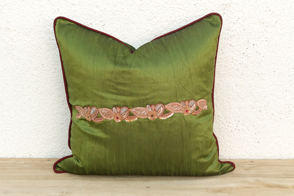 Green Zardozi-Embroidered Silk Pillow Cover, Embroidered Band