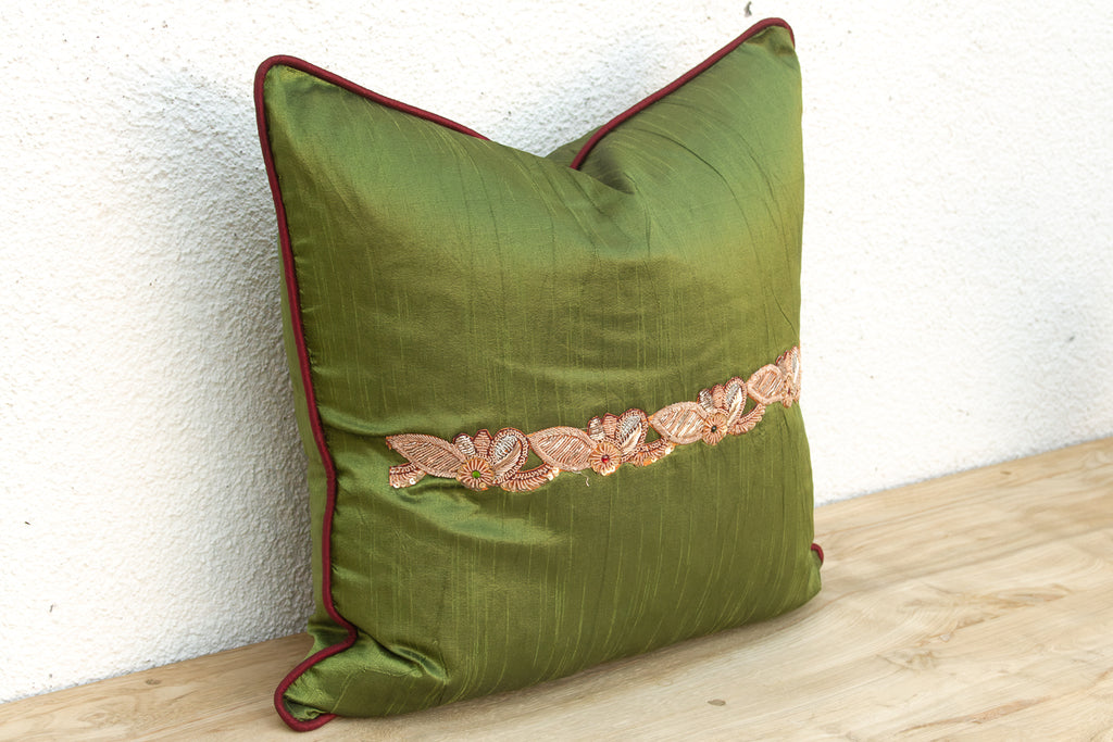 Green Zardozi-Embroidered Silk Pillow Cover, Embroidered Band